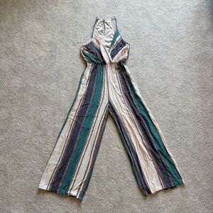 Entro Navy, Teal, Tan Striped Jumpsuit Size S